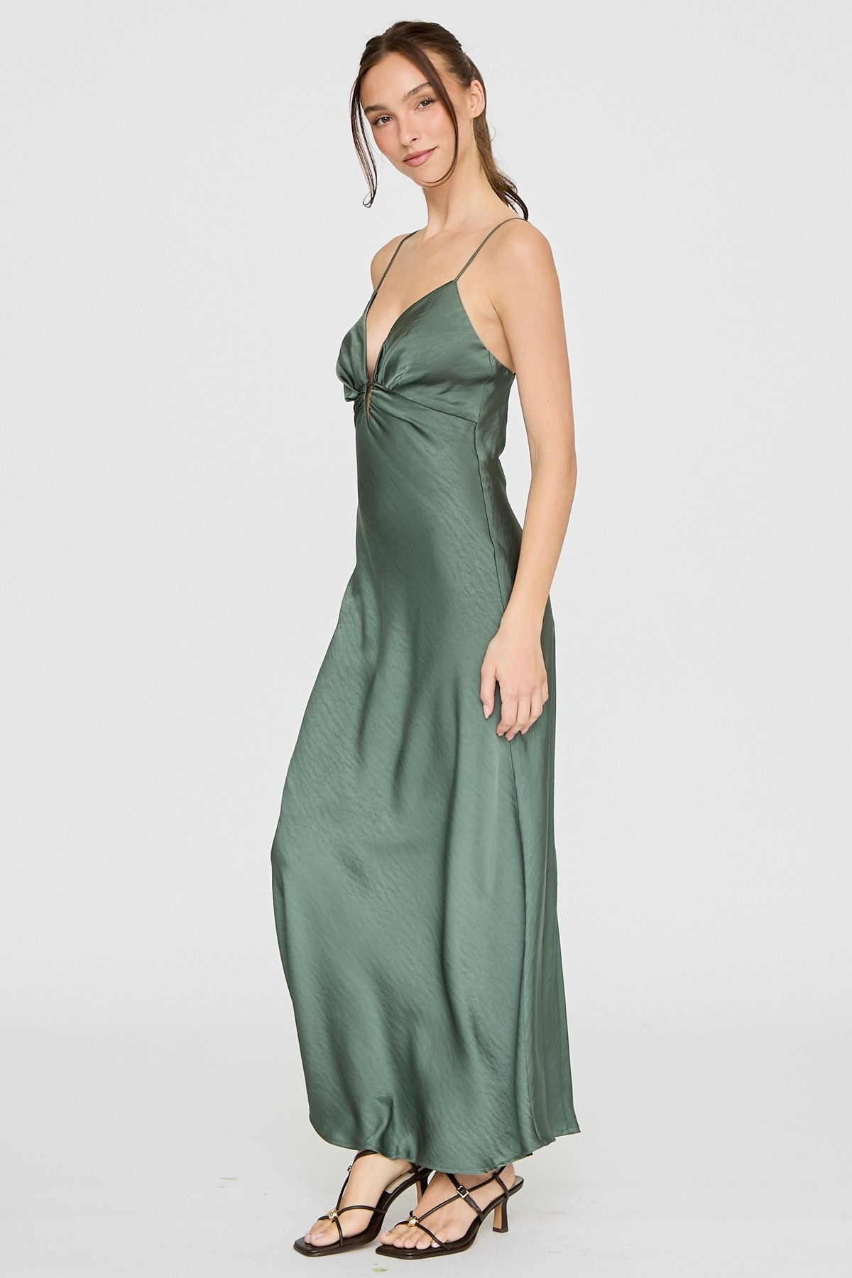 Evangeline Satin Plunge Maxi Dress in Hunter Green