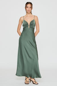 Evangeline Satin Plunge Maxi Dress in Hunter Green