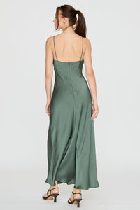 Evangeline Satin Plunge Maxi Dress in Hunter Green