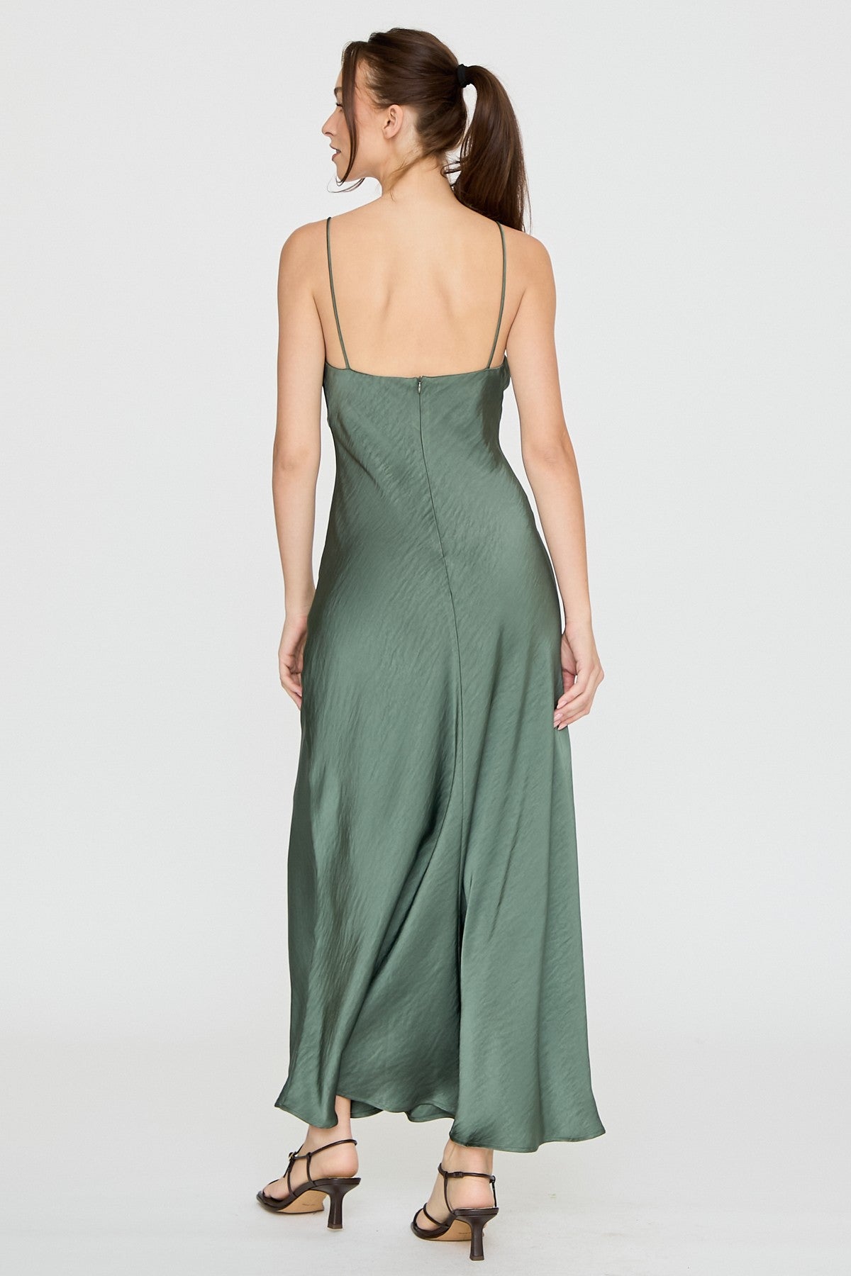 Evangeline Satin Plunge Maxi Dress in Hunter Green