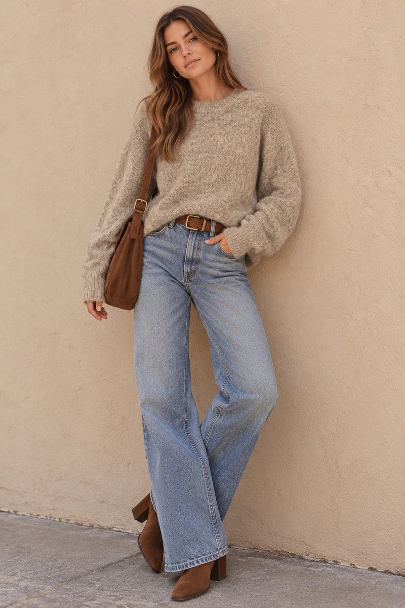 Oatmeal Bouclé Crew Knit Sweater in Oatmeal — front view on model