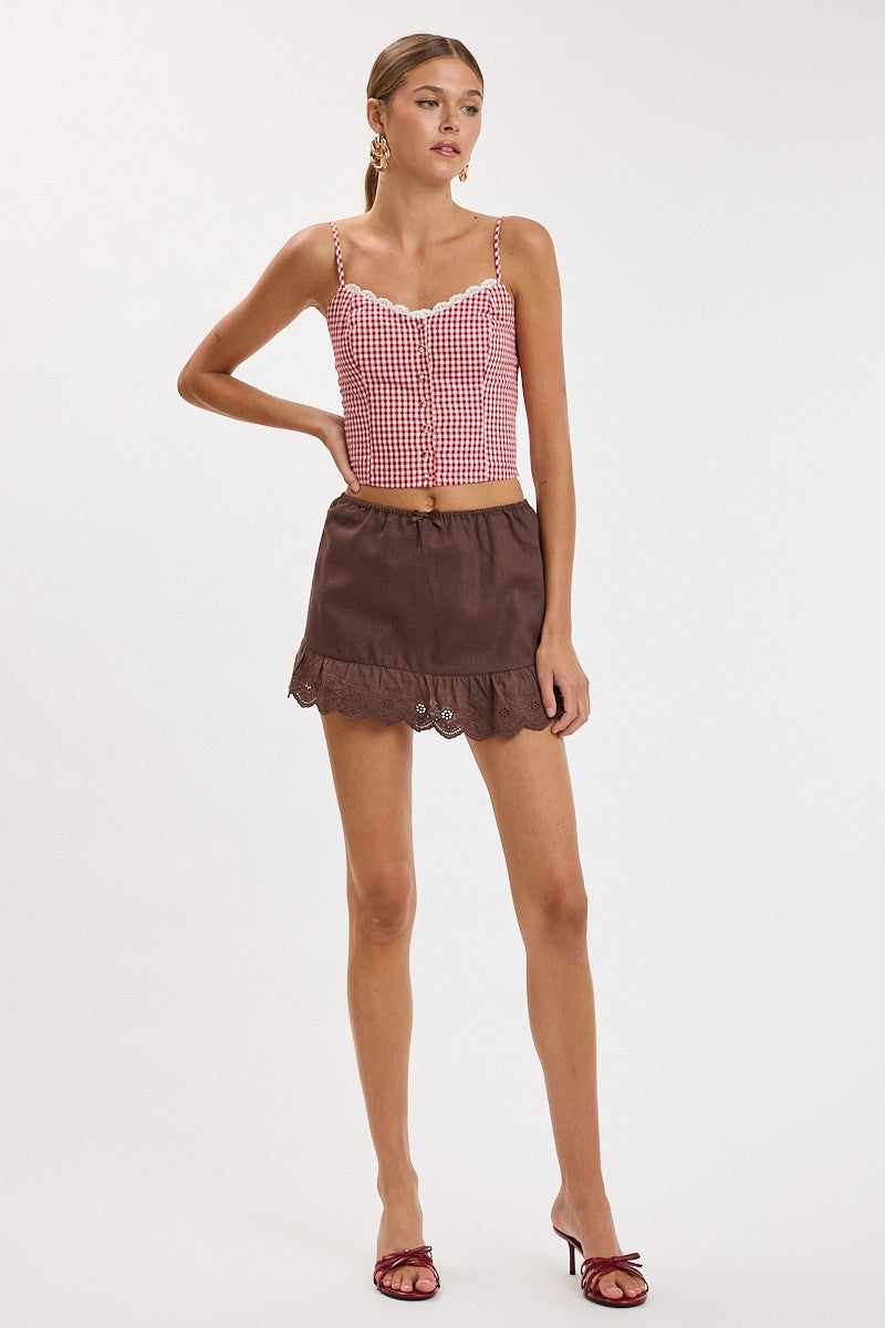 Celeste Lace Trim Linen Mini Skort in Brown