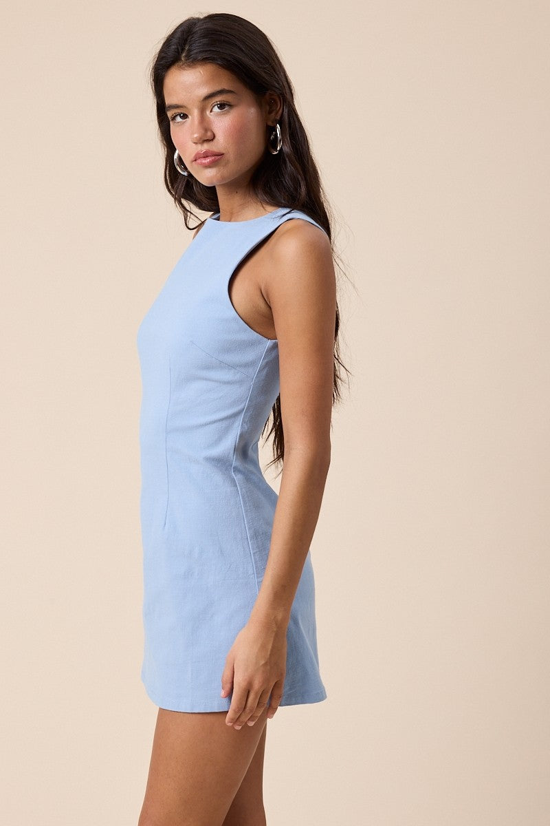 Boat Neck Inside Shorts Micro Mini Dress in Baby Blue