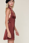 Halter Tie Open Back Scallop Silky Mini Dress Chocolate