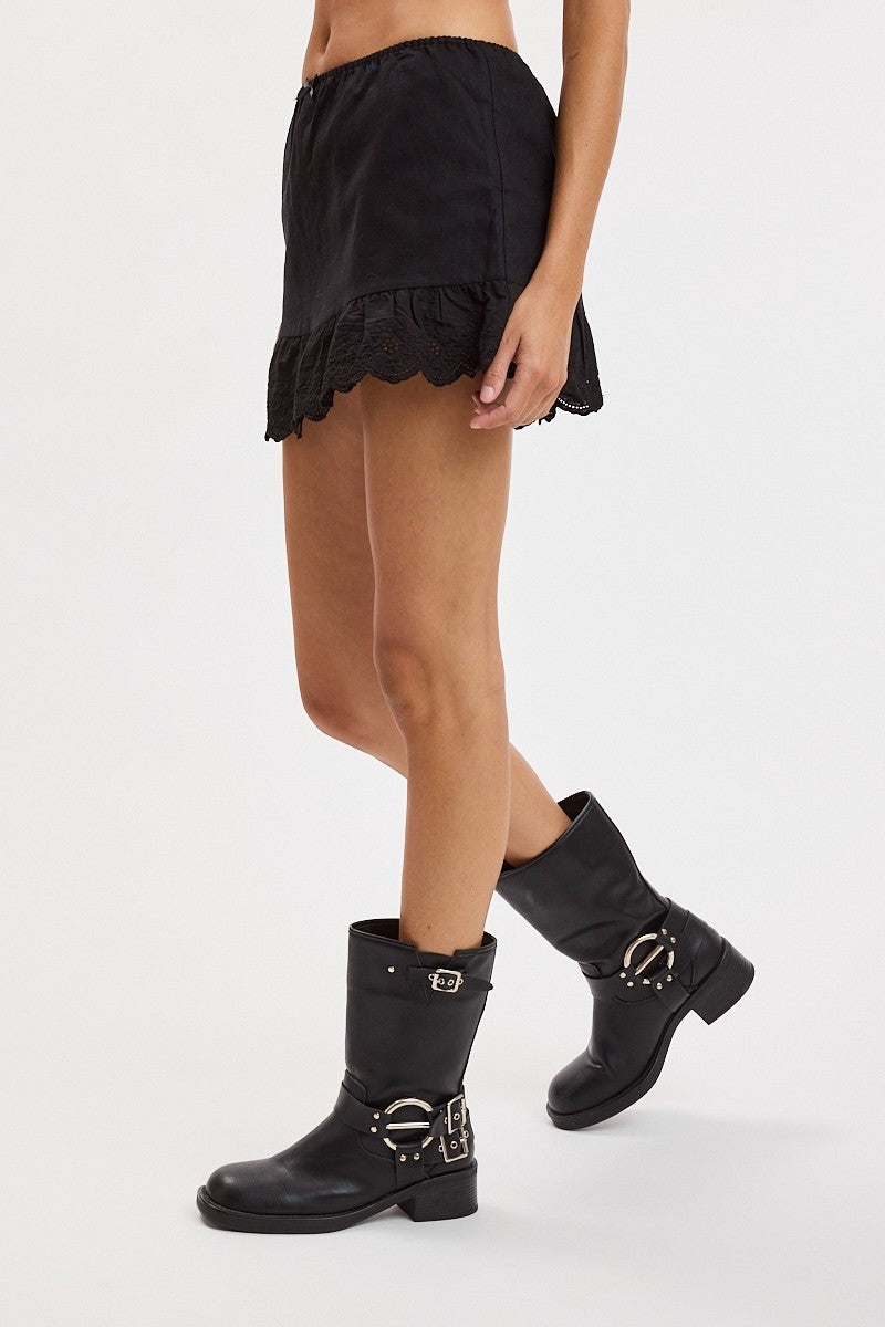 Celeste Lace Trim Linen Mini Skort in Black
