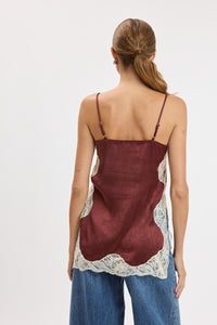 Pearl Textured Satin Lace Detail Top in Chocolate — side view showing lace contrast detail