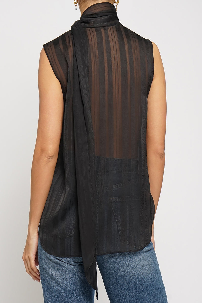 Sheer Stripe Tie Neck Blouse in Black