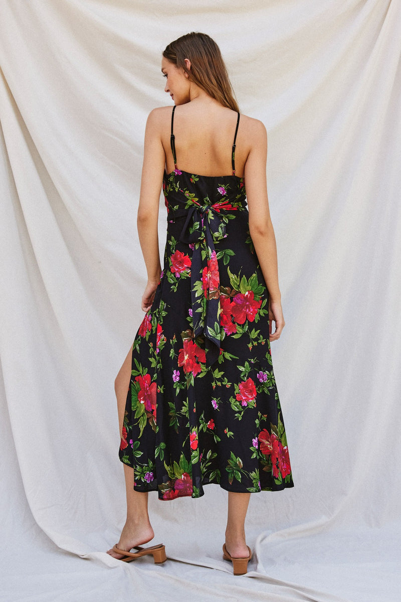 Love Line Black Floral Satin Maxi Dress