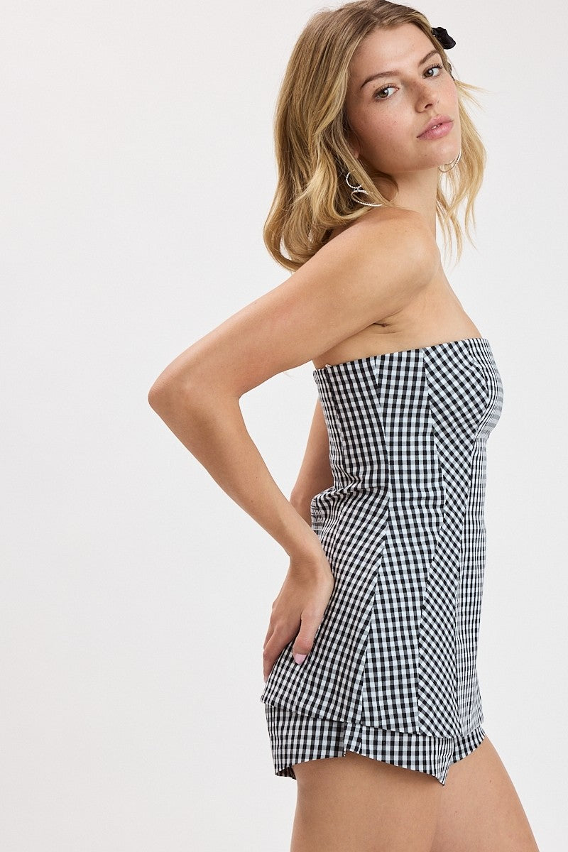 Bijou Plaid Strapless Top & Shorts Set in Black