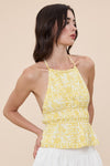 Vintage Print Open Back Hamlter Top In Yellow