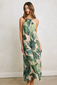 Isadora Tropical Leaf Beaded Halter Maxi Dress