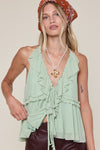Mesh Solid Color Double Ties Ruffle Top in Sage