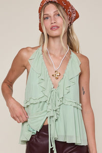 Mesh Solid Color Double Ties Ruffle Top in Sage