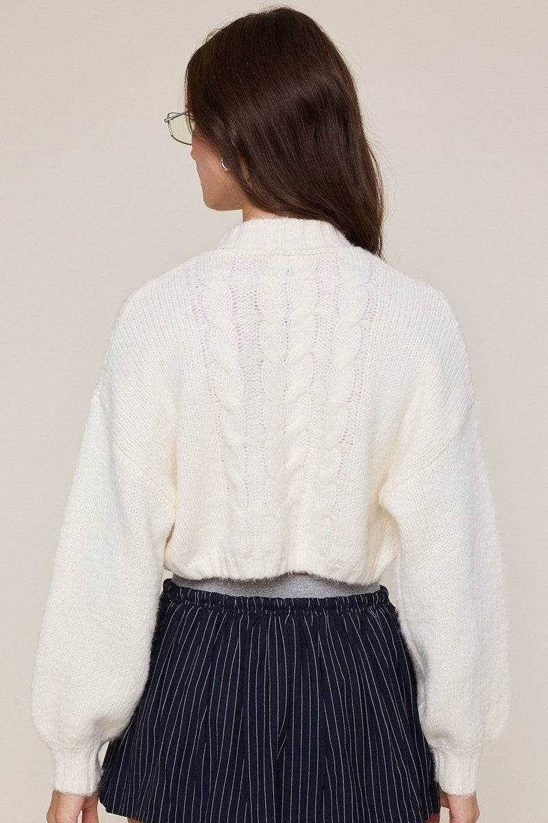 Puff Sleeve Crop Cardigan Sweater in Ivory