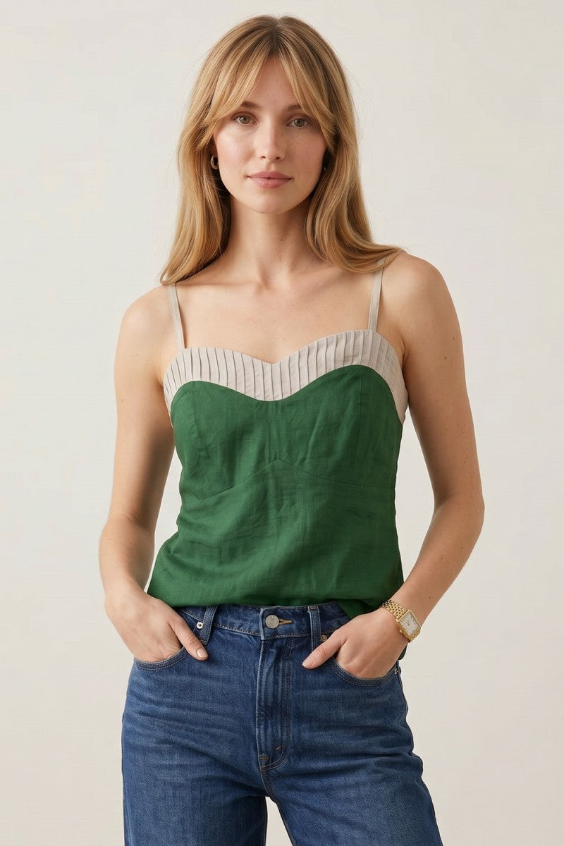 Amélie Contrast Trim Sweetheart Linen Cami in Green