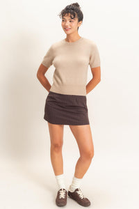 Wren Crew Neck Short Sleeve Knit Top in Taupe — close-up of soft knit texture