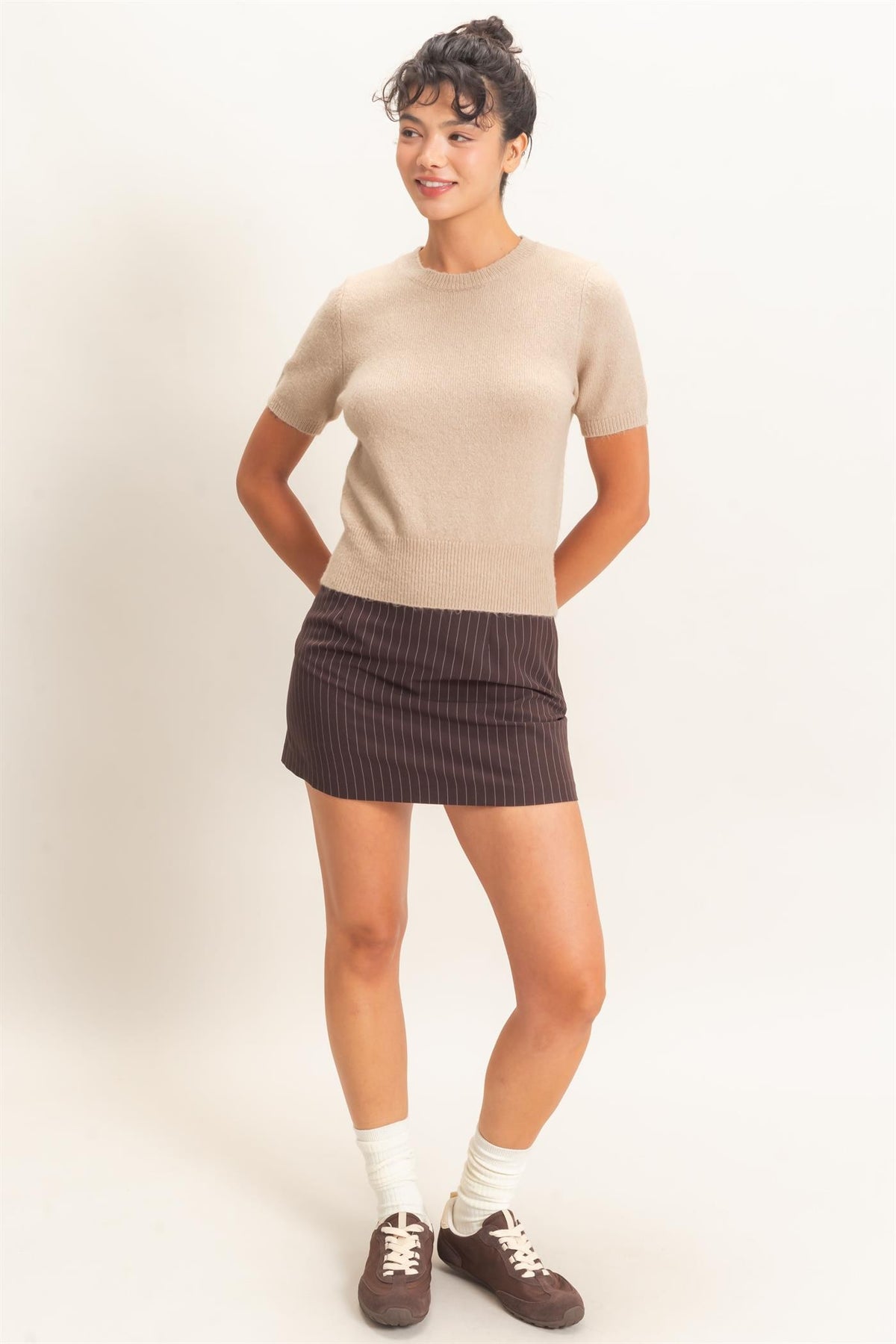Wren Crew Neck Short Sleeve Knit Top in Taupe — close-up of soft knit texture