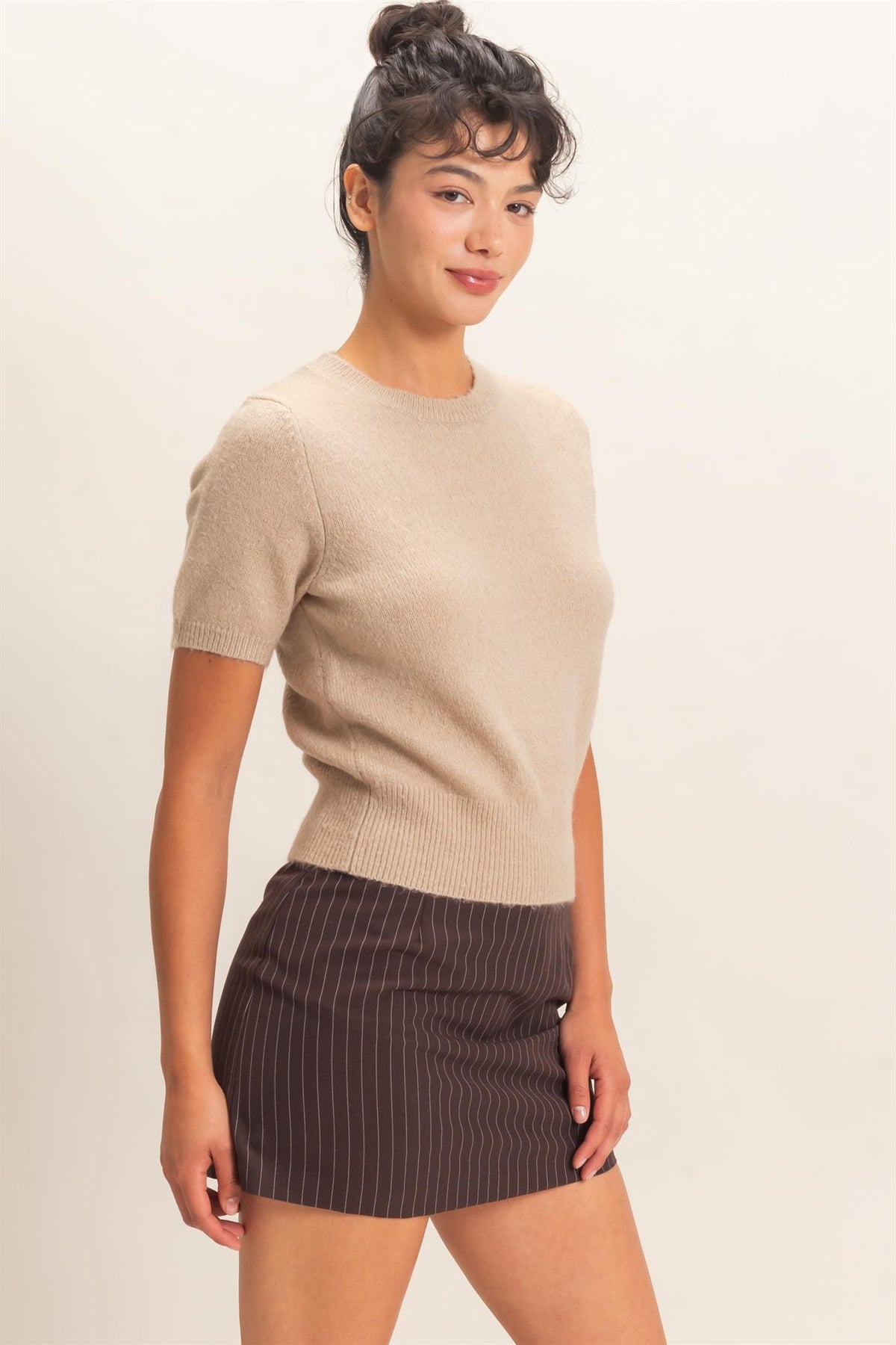 Wren Crew Neck Short Sleeve Knit Top in Taupe — back view on model
