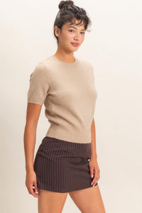 Wren Crew Neck Short Sleeve Knit Top in Taupe — back view on model