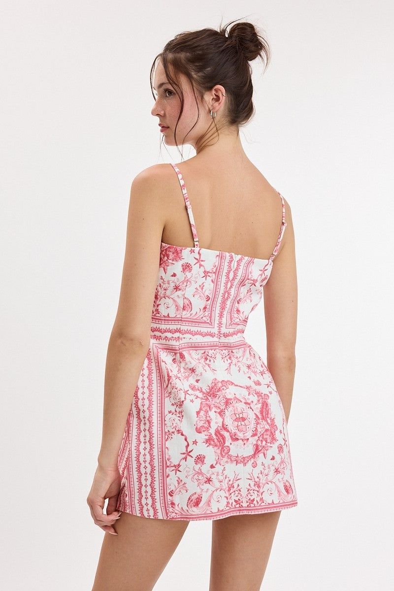 Mosaic Tile Border Print Mini Dress in Red