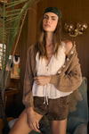 Puff Sleeve Crop Cardigan Sweater in Mocha