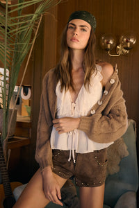 Puff Sleeve Crop Cardigan Sweater in Mocha