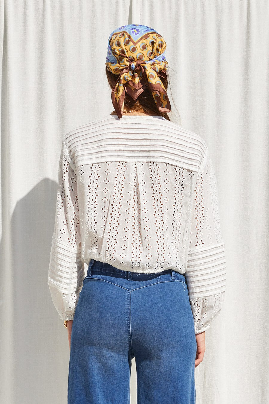 Côte Eyelet Drawstring Button Front Top