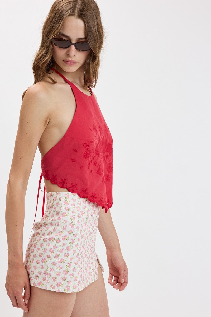 Flora Embroidered Halter Scallop Crop Top in Red