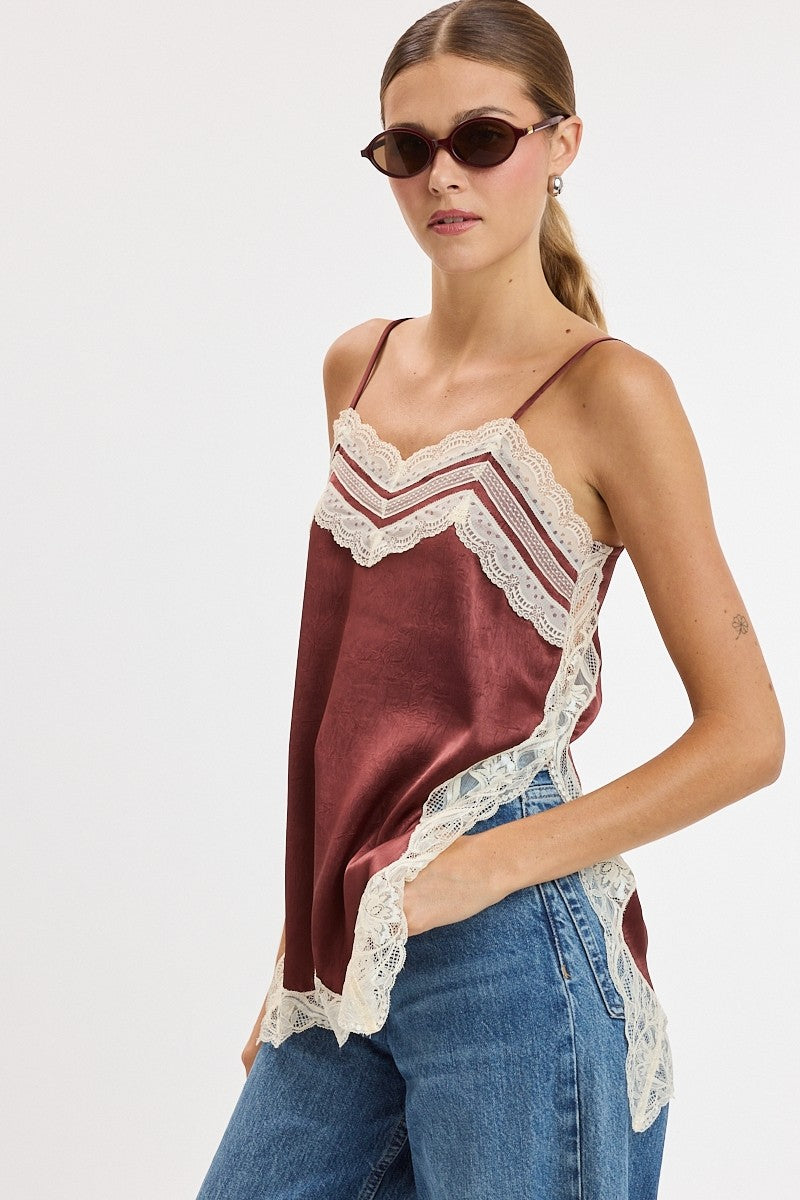 Pearl Textured Satin Lace Detail Top in Chocolate — back view on model