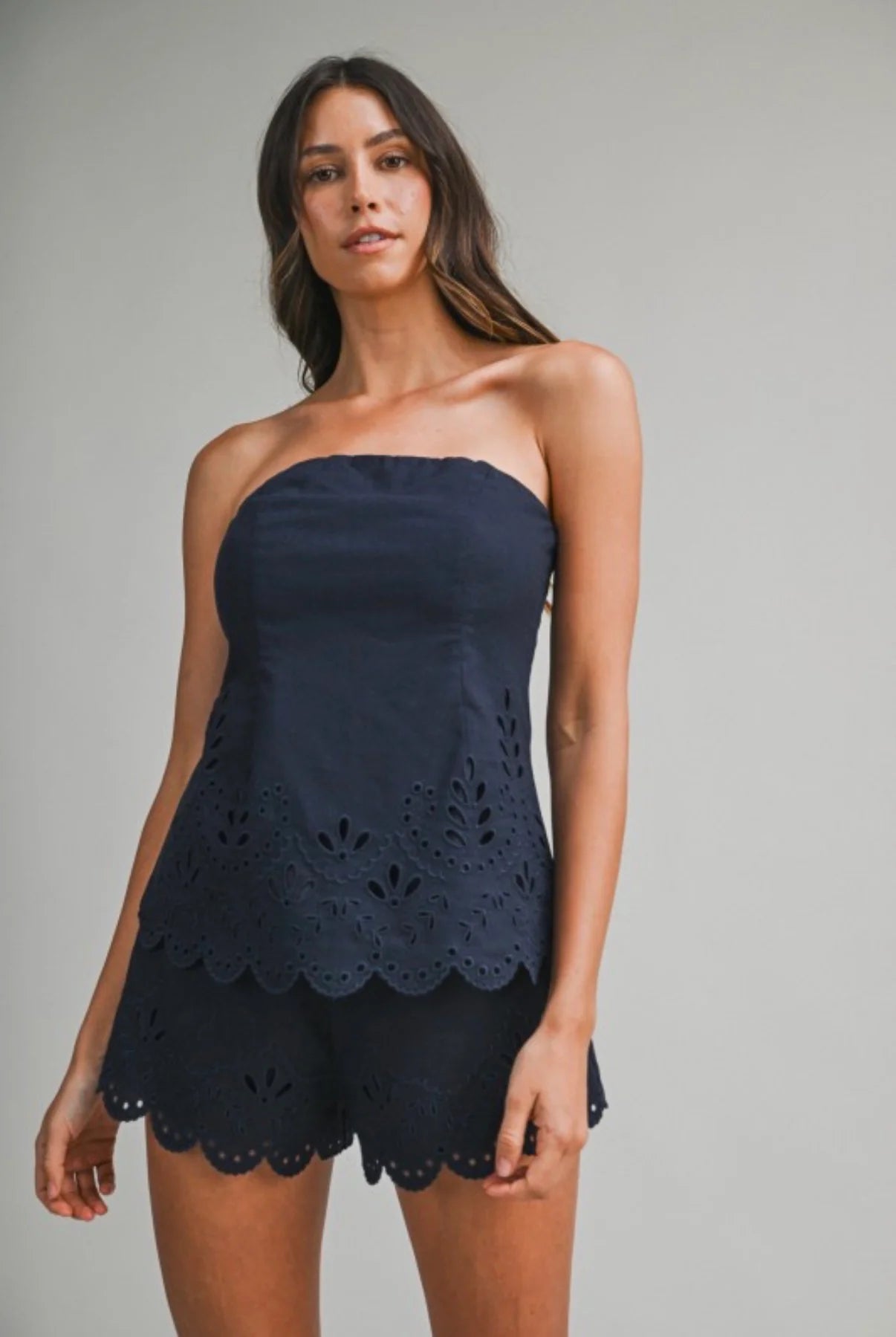 Palazzo Cut Out Embroidered Tube Top & Shorts Set