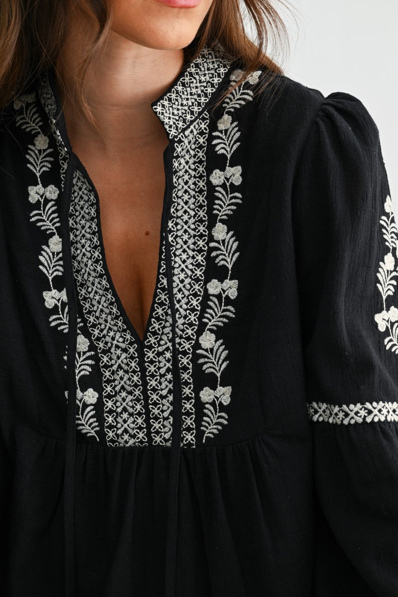 Black Embroidered Split Neck Top
