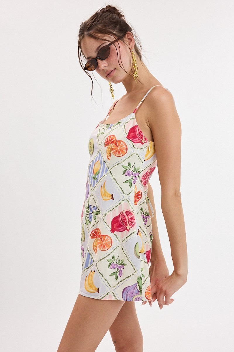 Citrus Pop Fruit Tile Round Neck Mini Dress
