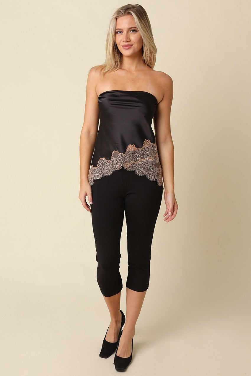 Onyx Satin Lace Trim Tube Top in Black — close-up of lustrous satin finish and delicate lace trim