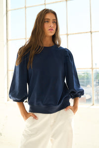French Terry Puff Sleeve Sweatshirt in Navy