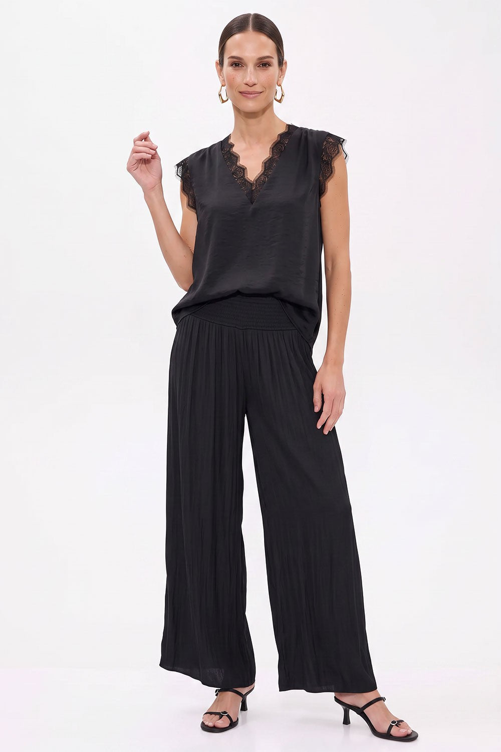 Vivienne Lace Trim Sleeveless Blouse in Black — back view