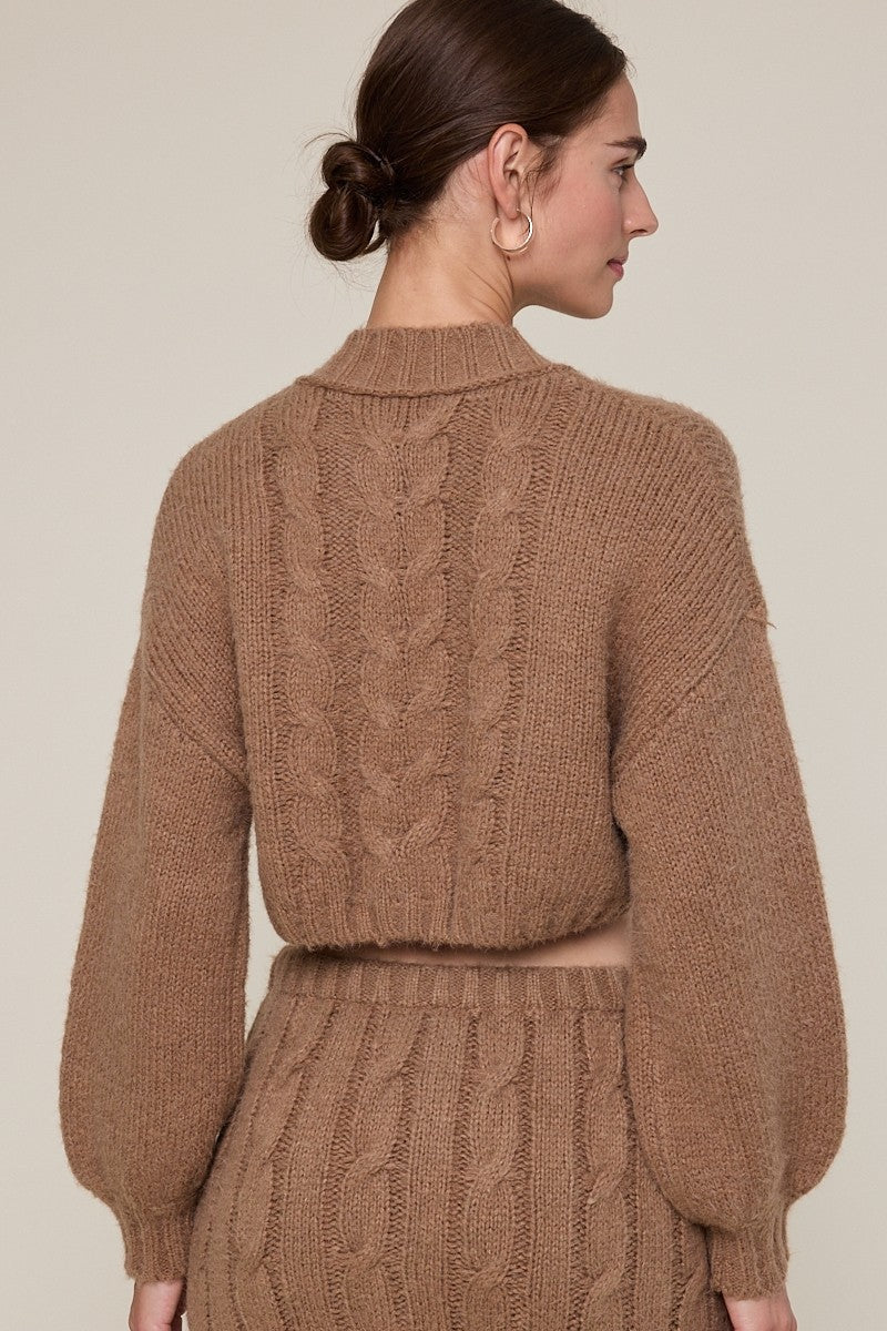 Puff Sleeve Crop Cardigan Sweater in Mocha