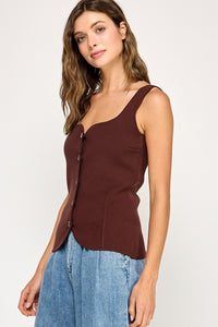 Sweetheart Neck Button Front Top in Chocolate