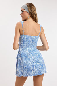 Seabreeze Shell Print Square Neck Smocked Mini Dress