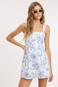 Poppy Floral Square Neck Smocked Mini Dress in Blue