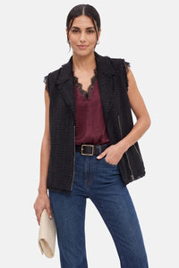 Frayed Tweed Zip Front Vest in Black