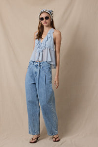 Sheer Solid Color Double Ties Lace Ruffle Top in Light Blue