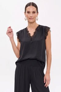 Vivienne Lace Trim Sleeveless Blouse in Black — front view