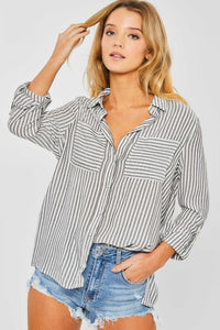 Summer Stripe Button Down Top in Black