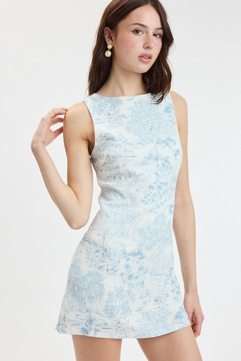 Pastel Print Boat Neck Micro Mini in Blue
