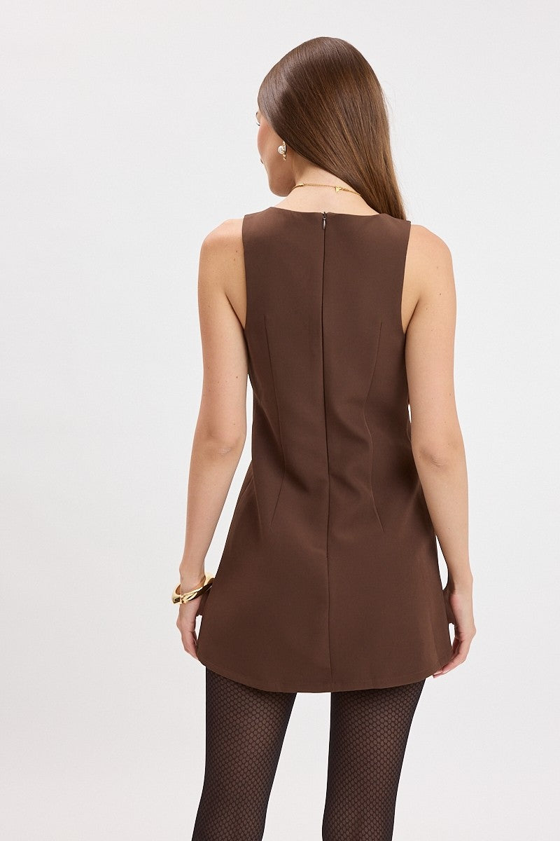 Vivid Boat Neck Mini Dress in Chocolate
