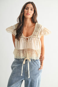 Lucia Lace Trim Tie Front Blouse
