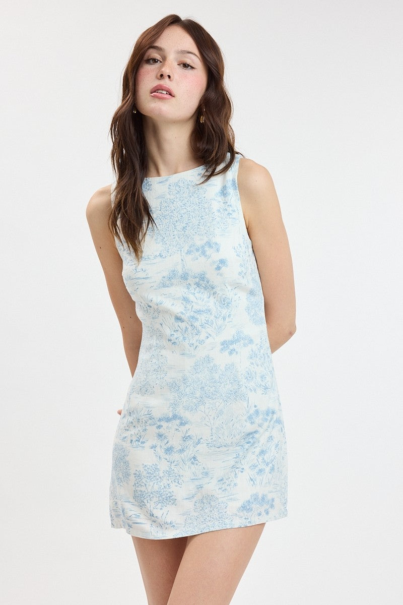 Pastel Print Boat Neck Micro Mini in Blue