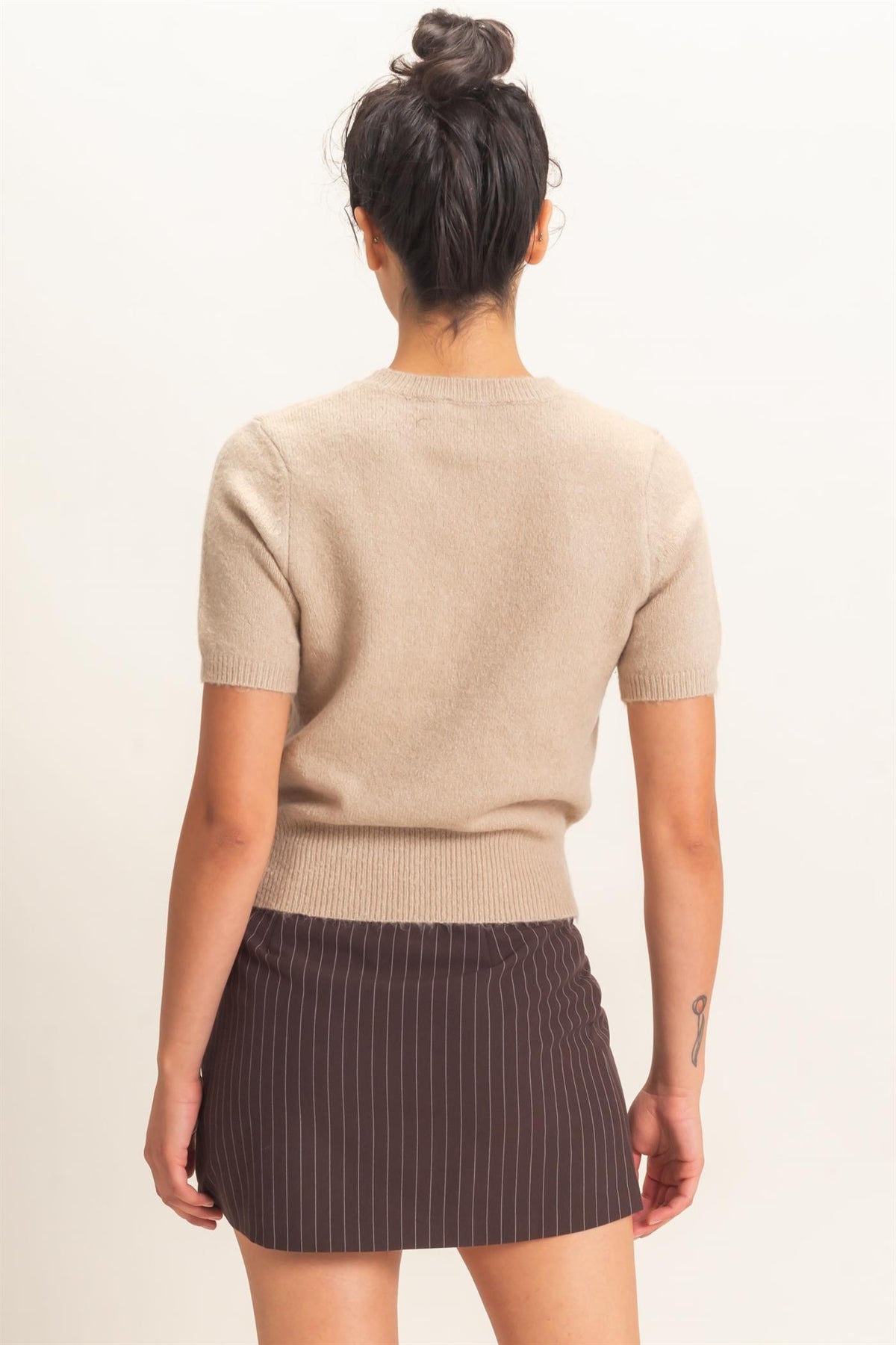 Wren Crew Neck Short Sleeve Knit Top in Taupe — side view showing crew neckline and textured knit