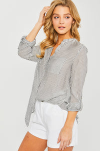 Split Neck Button Down Striped Top