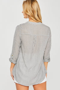 Split Neck Button Down Striped Top